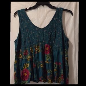 Angie Teal Floral Crochet Trim Tank Top